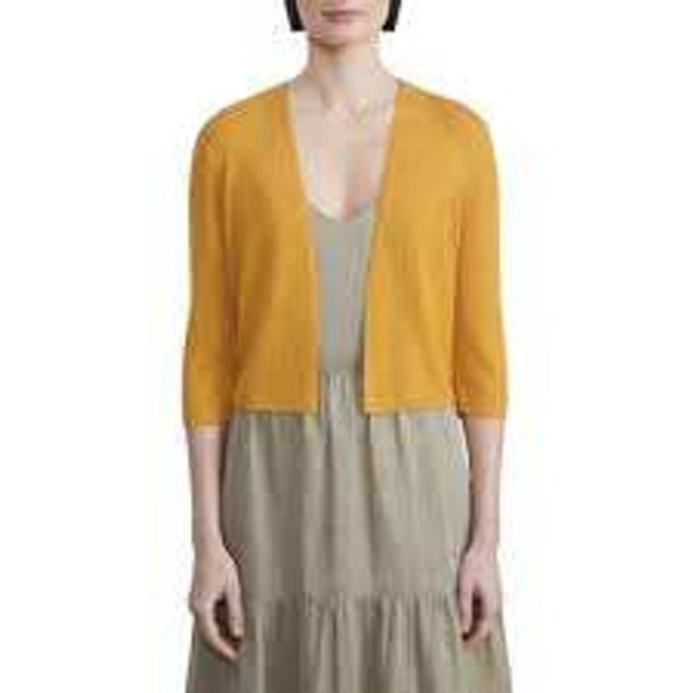 Lafayette 148 New York Cardigan Women M Mustard Yellow Ribbed Open Front Cropped